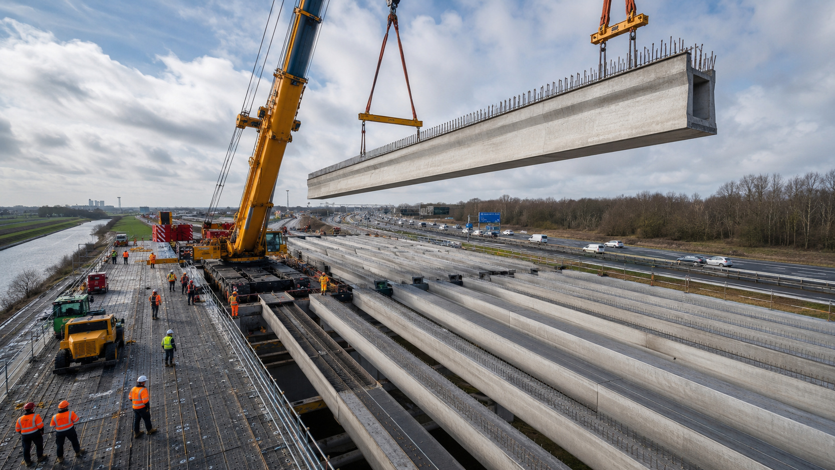 Obra ao lado da rodovia A9 colocou 19 vigas de concreto em sequência no mesmo dia