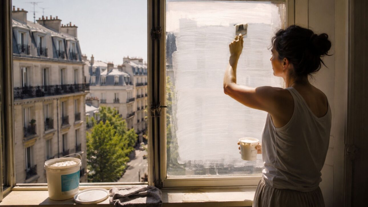 Onda de calor de junho de 2026 esgota o blanc de Meudon na França: pó de giz nas janelas baixa vários graus em casa, sem ar-condicionado.

