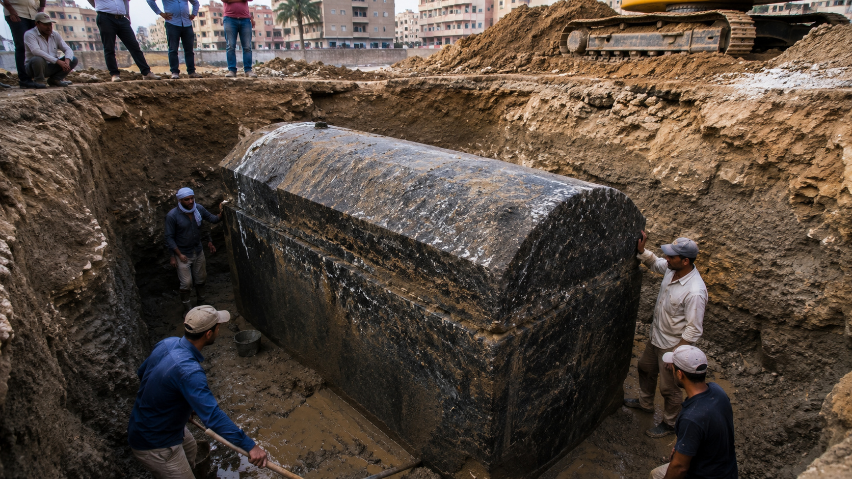 Operários escavavam um terreno em Alexandria e encontraram um sarcófago negro de quase 30 toneladas