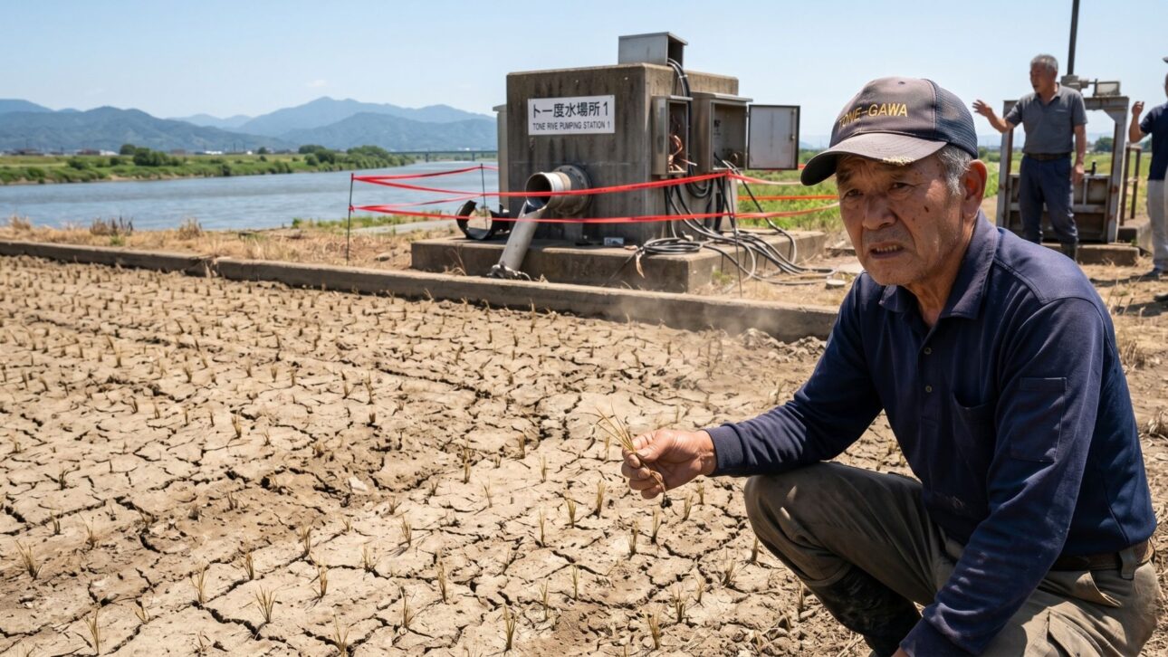 Theft of copper and brass at pumping station in Japan halts irrigation, dries up newly planted rice fields, and causes losses to producers.