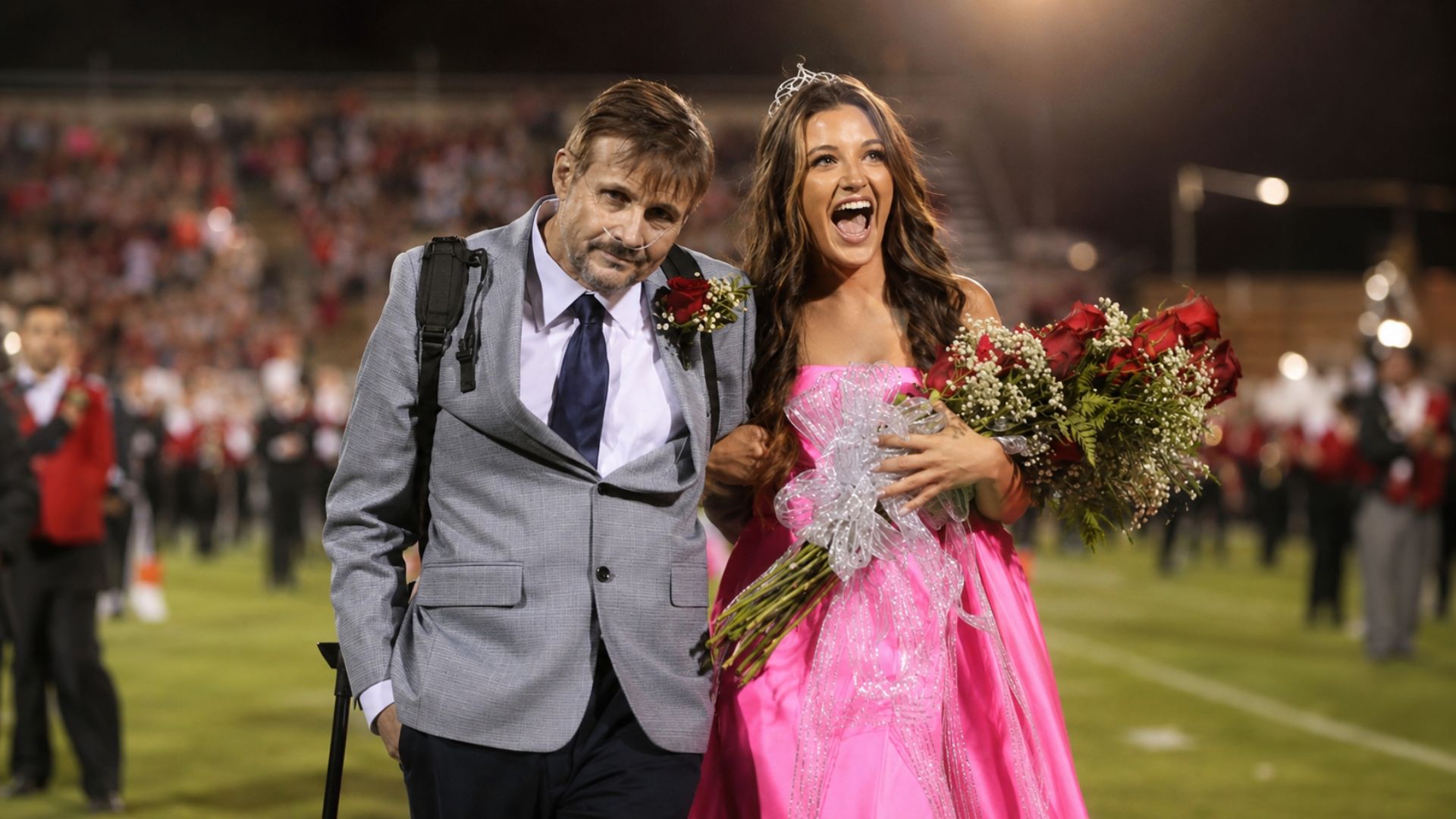 Pai em luta contra o câncer recusou o carrinho de golfe e atravessou o campo a pé ao lado da filha coroada rainha do baile no Alabama, em 2023.