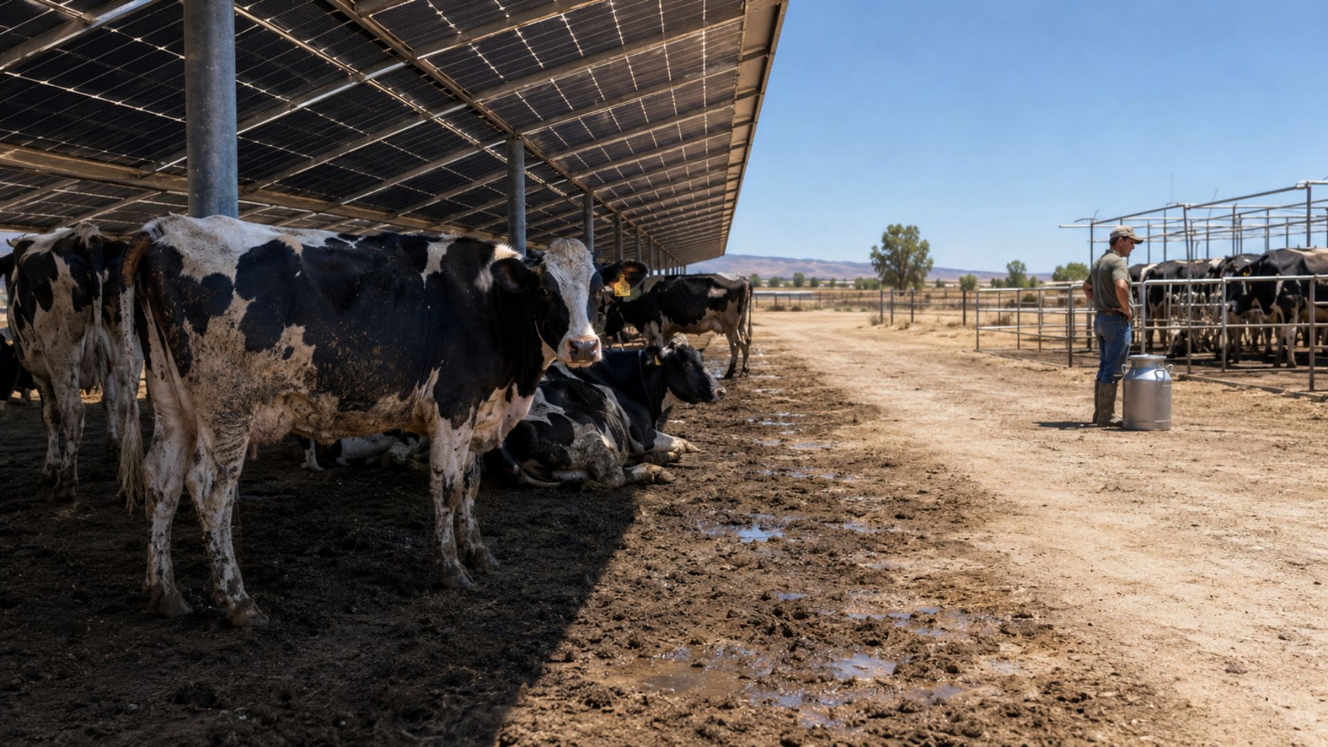 Painéis solares deram sombra a vacas leiteiras em estudo da Universidade de Minnesota: menos estresse térmico, mas sem mais leite. Entenda a agrivoltaica