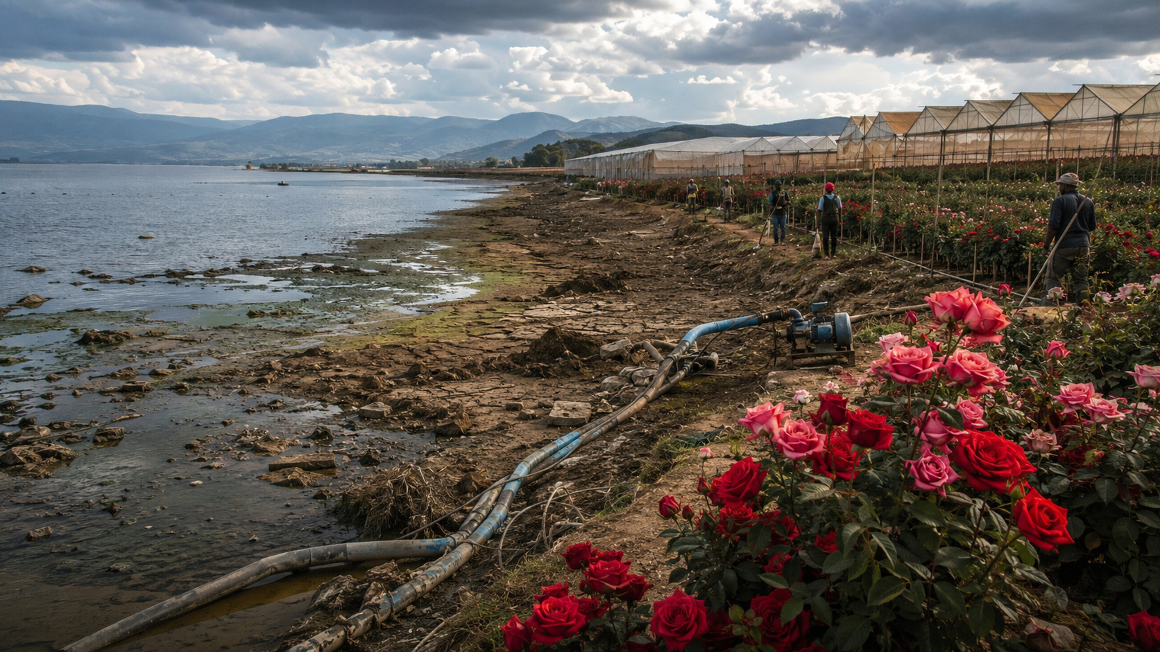 Lago Naivasha, no Quênia, expõe o custo hídrico e ambiental das rosas exportadas para a Europa e agora enfrenta até a alta das águas.