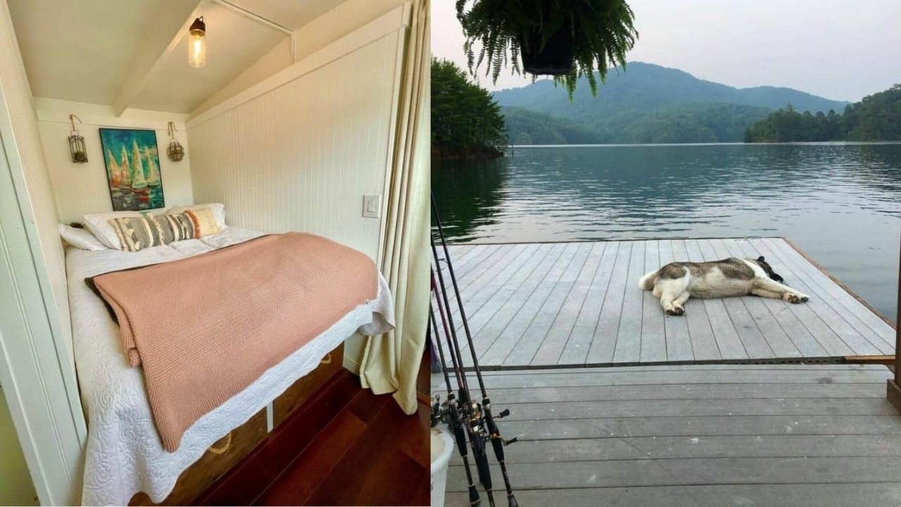 Casa flutuante no Lago Fontana mostra casal na Carolina do Norte que deixou aluguel tradicional por vida sem rede elétrica.