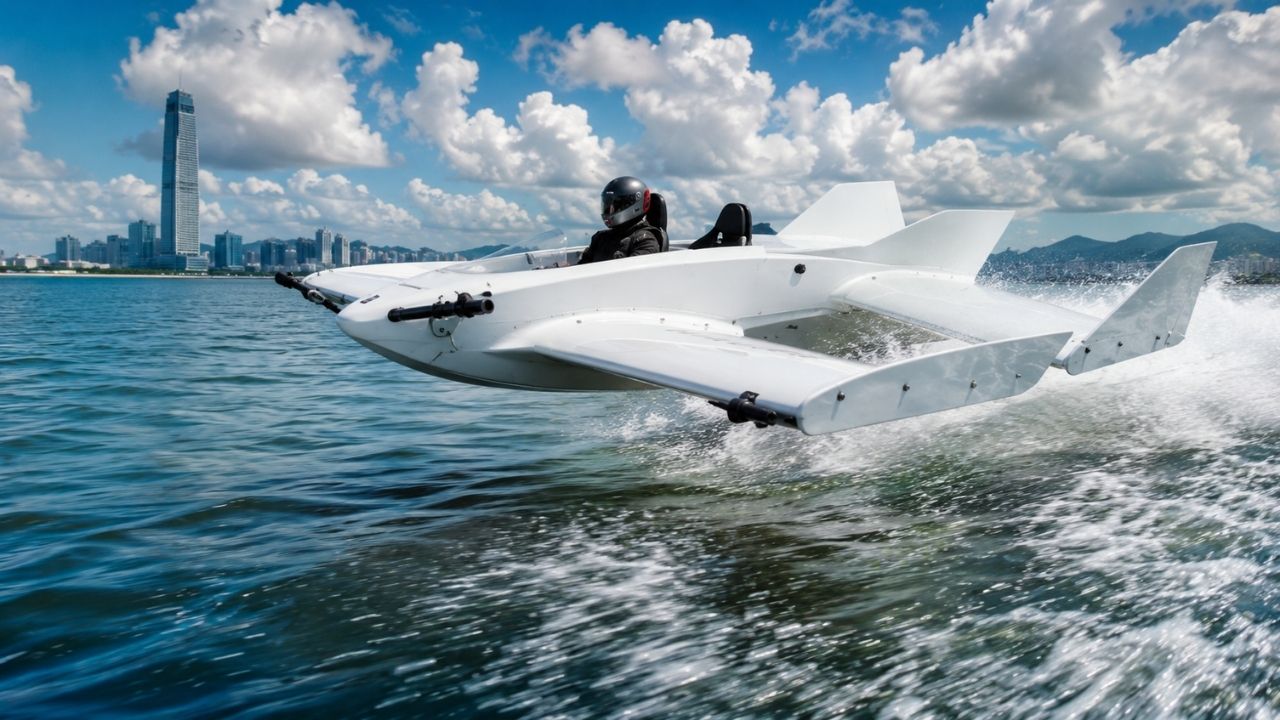 Parecendo mistura de barco e avião, WaveFly 5X faz voo inaugural na China, cruza a 50 centímetros da água, atinge 85 kmh e mira produção em massa como barco voador