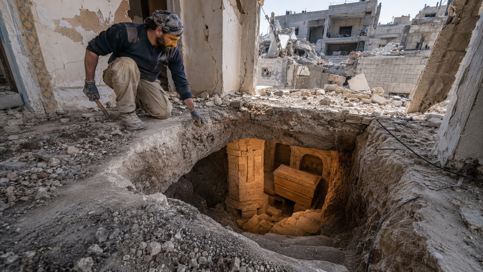 Pedreiro limpava escombros de uma casa destruída na Síria para reconstruir o imóvel quando encontrou uma tumba subterrânea de 1.500 anos