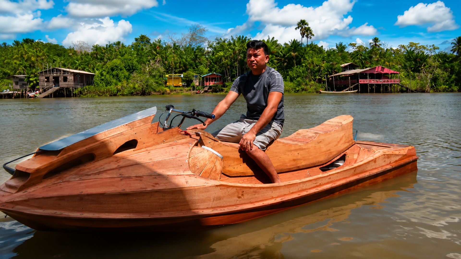 Pescador de Abaetetuba, no Pará, construiu moto aquática de madeira com motor de 38 cavalos após pesquisar tudo na internet. Cristiano Gonçalves falhou em 2012 e chegou lá.