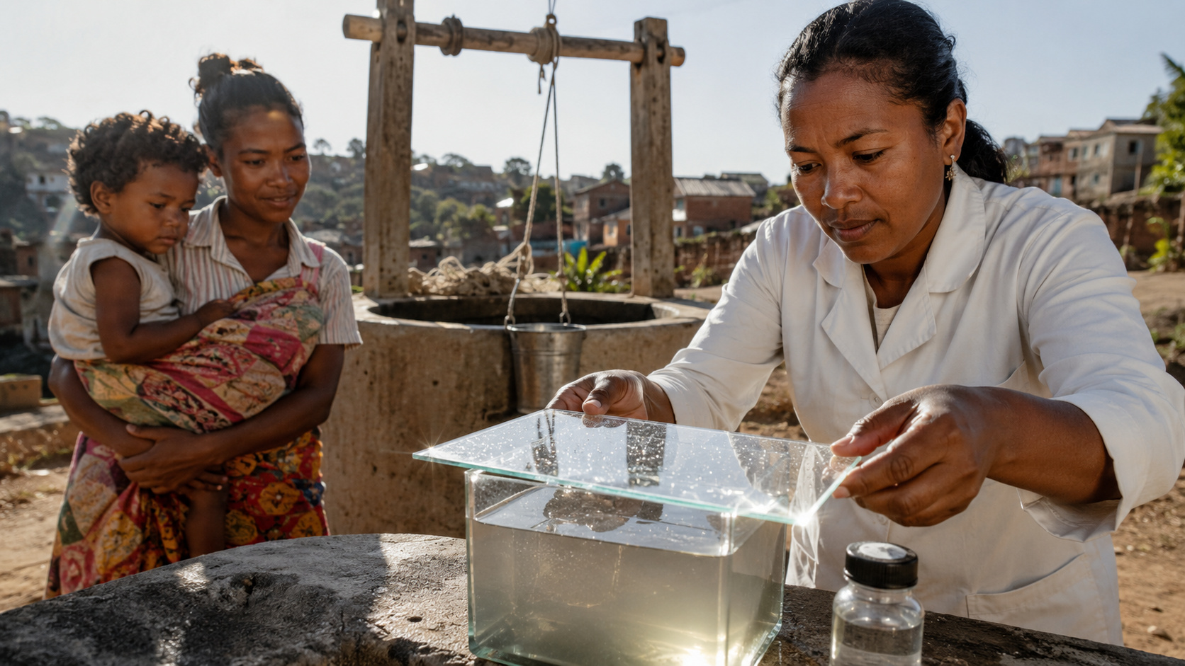Pesquisadores colocaram água de poço contaminada sob uma placa ao sol em Madagascar e o dióxido de titânio ajudou a eliminar bactérias indicadoras em 10 minutos