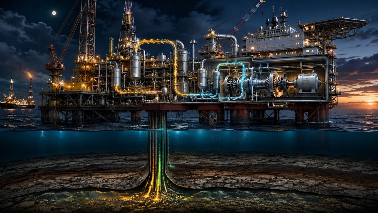 Plataforma de petróleo usa gás associado em turbinas para gerar energia elétrica e aquecer água potável no oceano.