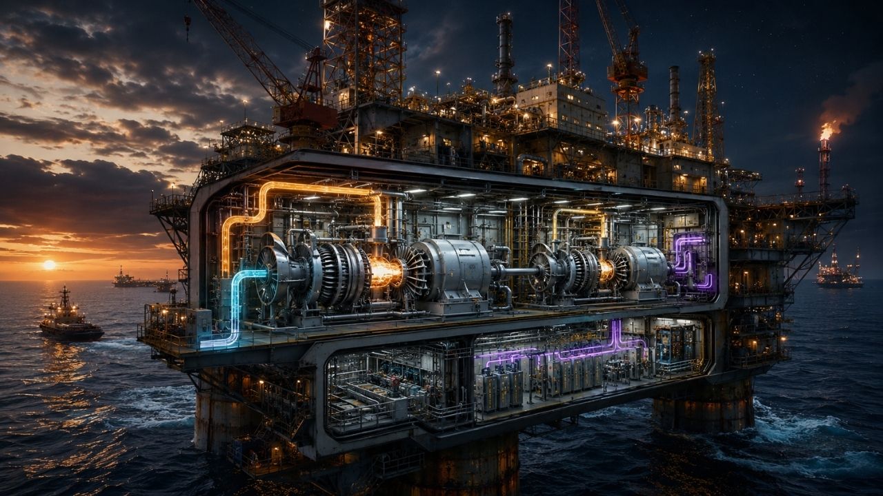 Plataforma de petróleo usa gás associado em turbinas para gerar energia elétrica e aquecer água potável no oceano.