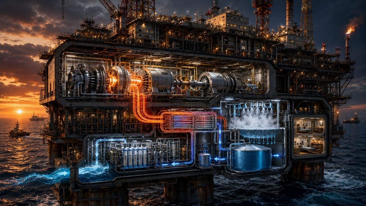 Plataforma de petróleo usa gás associado em turbinas para gerar energia elétrica e aquecer água potável no oceano.
