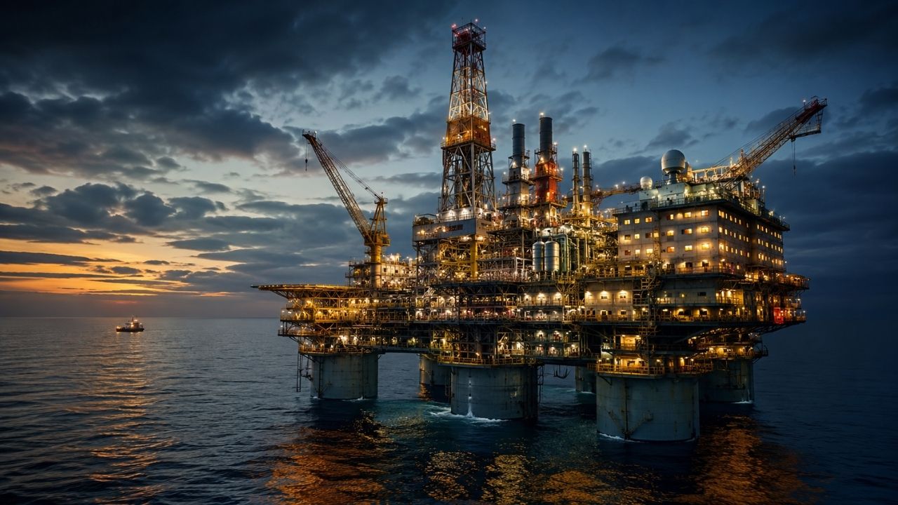 Plataforma de petróleo usa gás associado em turbinas para gerar energia elétrica e aquecer água potável no oceano.