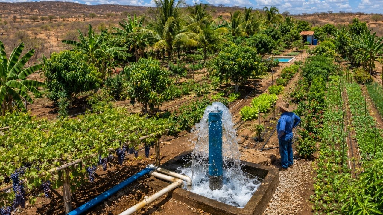 Poço artesiano com vazão de 5 mil litros por hora ajudou agricultor do sertão do Moxotó a transformar 4 hectares em área produtiva; com irrigação por gotejamento, ele planta banana (2)