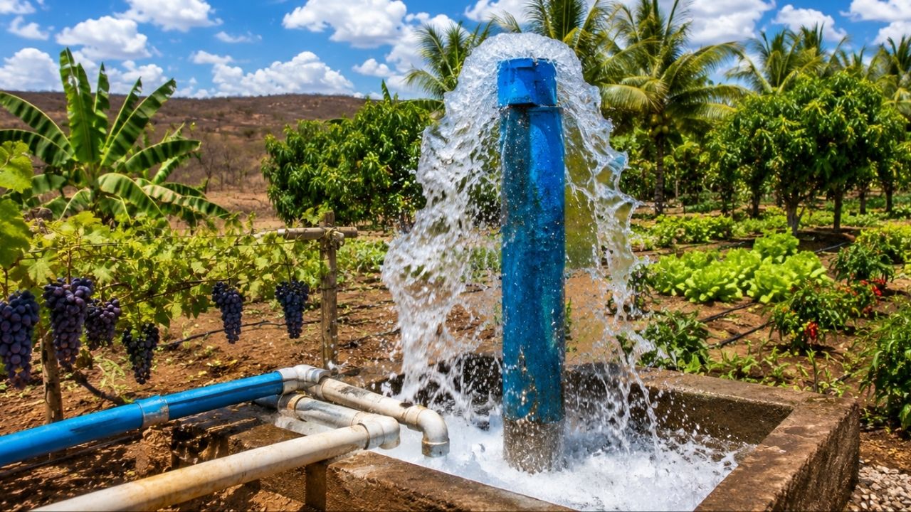 Poço artesiano com vazão de 5 mil litros por hora ajudou agricultor do sertão do Moxotó a transformar 4 hectares em área produtiva; com irrigação por gotejamento, ele planta banana (3)