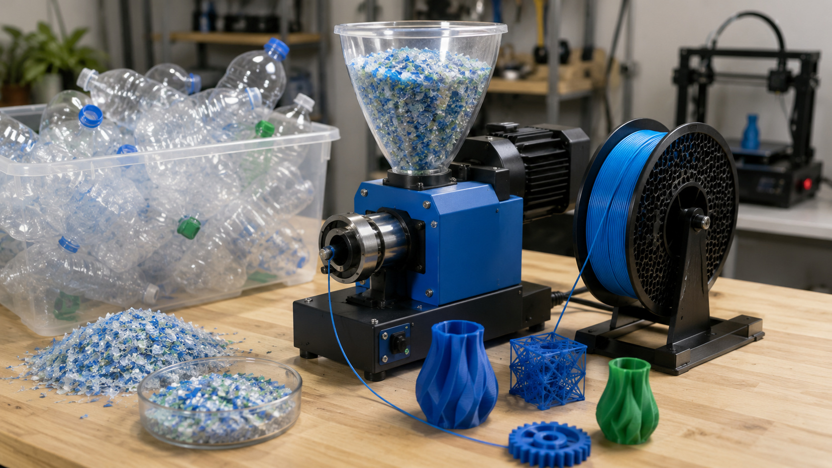 Polyformer recicla garrafas PET e cria filamento para impressão 3D de baixo custo, reduzindo desperdício plástico e ampliando a fabricação local.