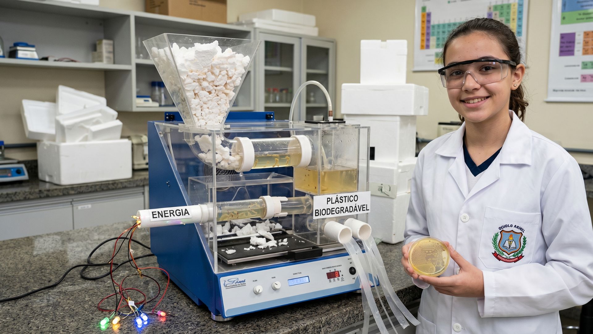 Estudante de 13 anos cria máquina com bactérias que devoram isopor e transformam espuma descartada em energia