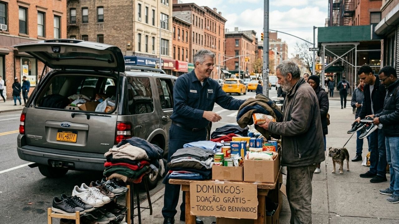 Every Sunday for more than a decade, a doorman in New York loads his car with clothes, food, and shoes and distributes everything on the sidewalk, without an NGO, without sponsorship, and without ever refusing anyone