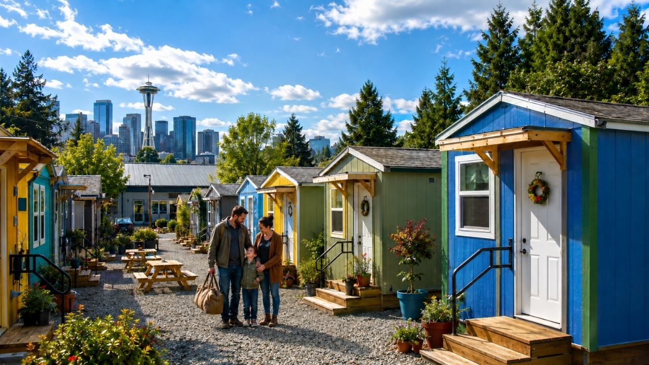 Pressionada por quase 10 mil pessoas dormindo ao relento no Condado de King, Seattle criou vila com 90 microcasas de 8,9 m², cama, energia, aquecimento, ar-condicionado, cozinha, (3)