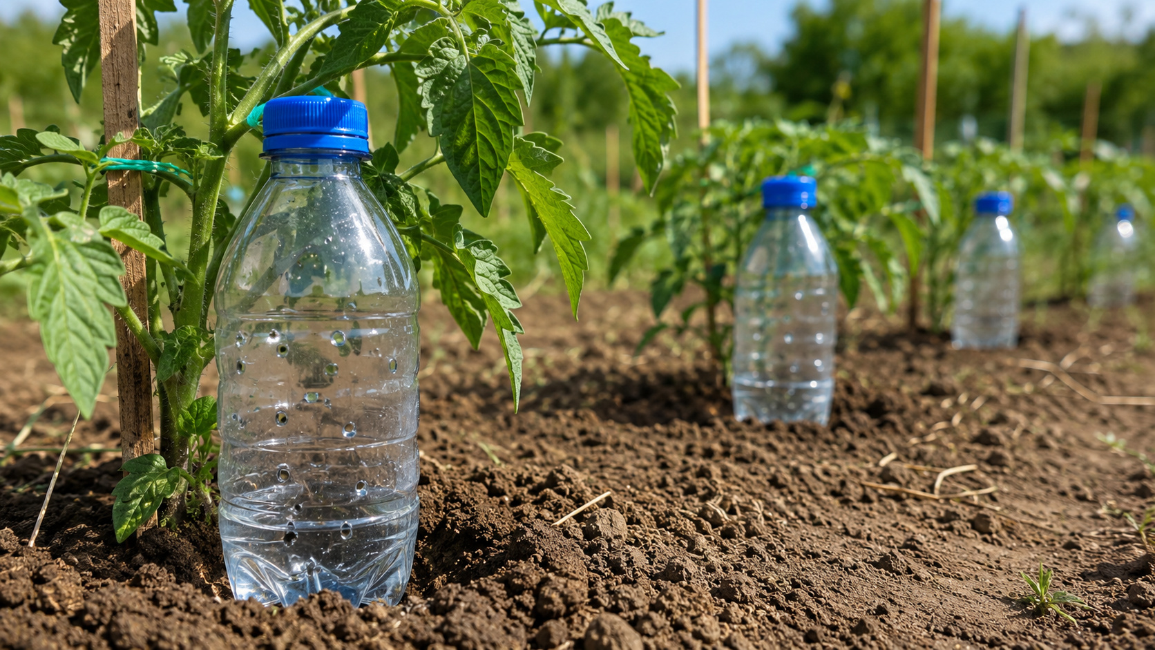 Agricultores utilizam garrafas PET perfuradas como sistema de gotejamento caseiro, liberando água direto na raiz e reduzindo desperdício na horta.