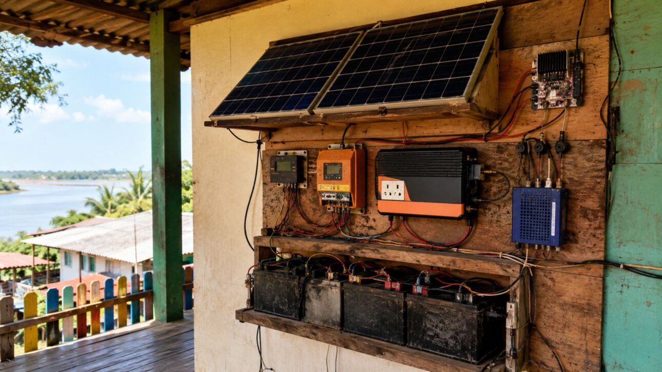 Clércio de Almeida fez energia solar com sucata eletrônica em São João do Tupé, comunidade ribeirinha a 25 km de Manaus, e acabou com os dias sem aula.