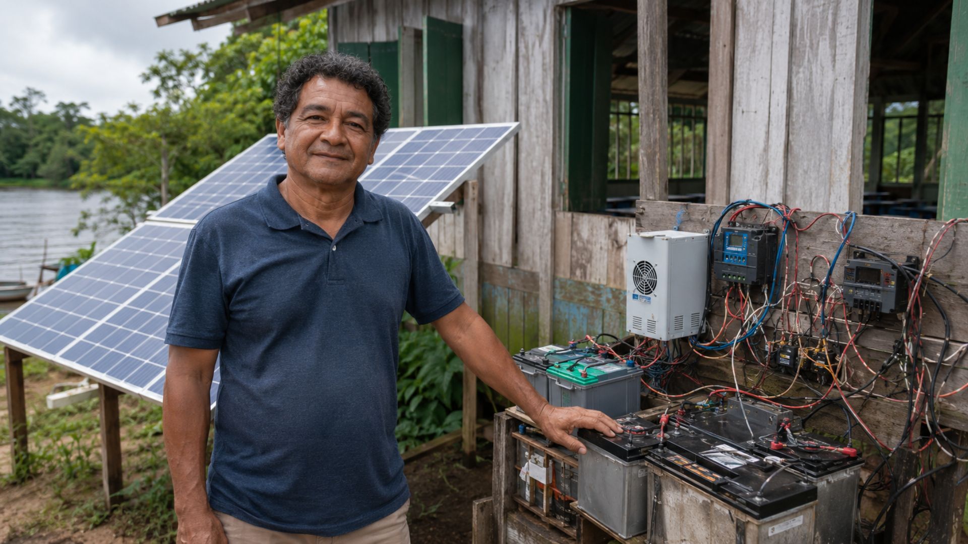 Clércio de Almeida fez energia solar com sucata eletrônica em São João do Tupé, comunidade ribeirinha a 25 km de Manaus, e acabou com os dias sem aula.