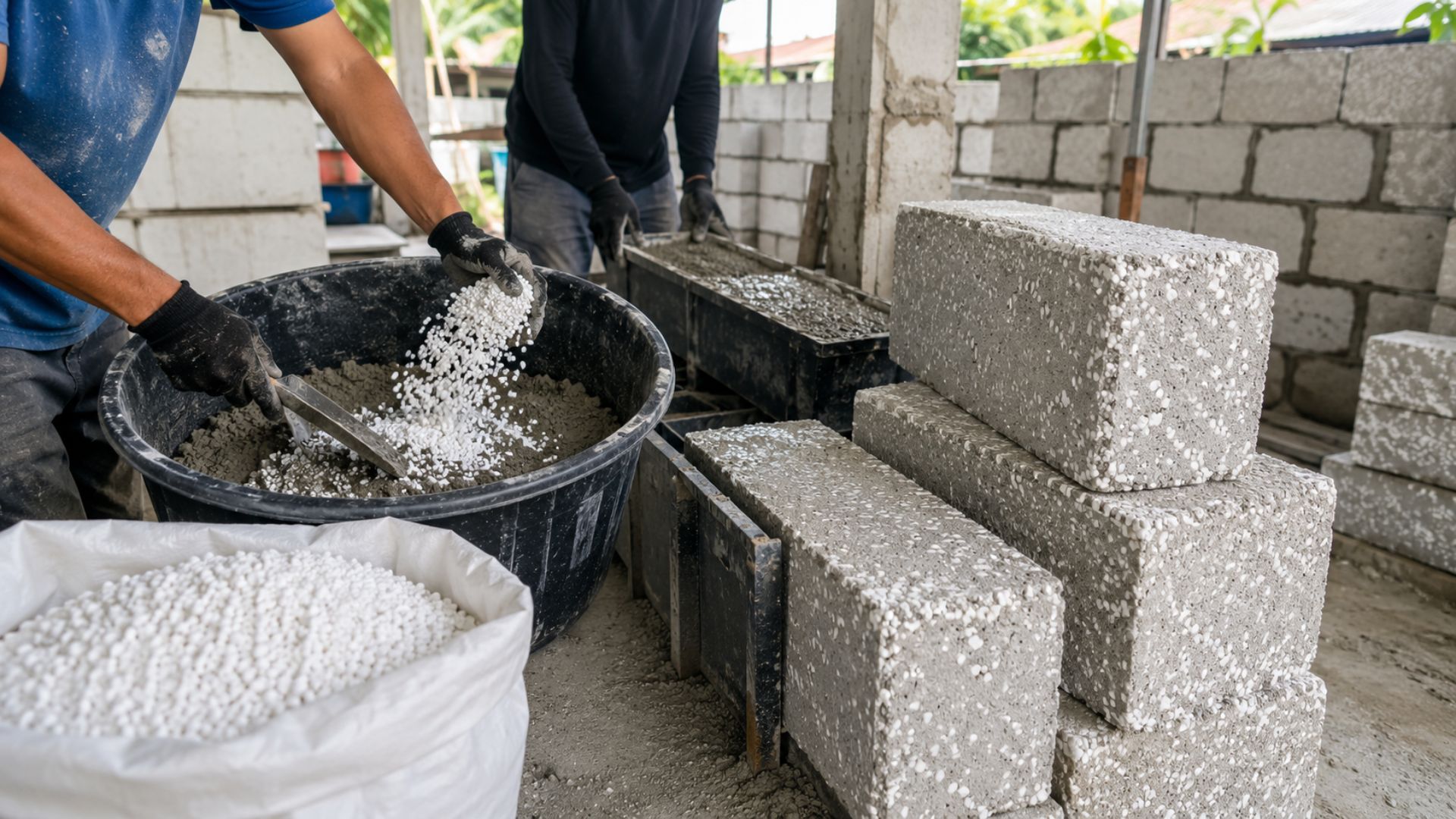 Reaproveitando isopor descartado, um saco de cimento rende cerca de 50 blocos leves de vedação de 30 por 60 cm, sem função estrutural