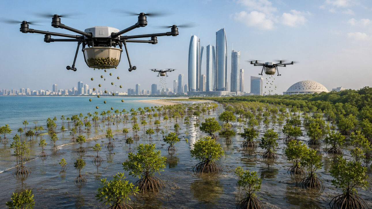 Emirados usam drones para lançar sementes de mangue em Abu Dhabi e acelerar meta de 100 milhões de árvores até 2030.