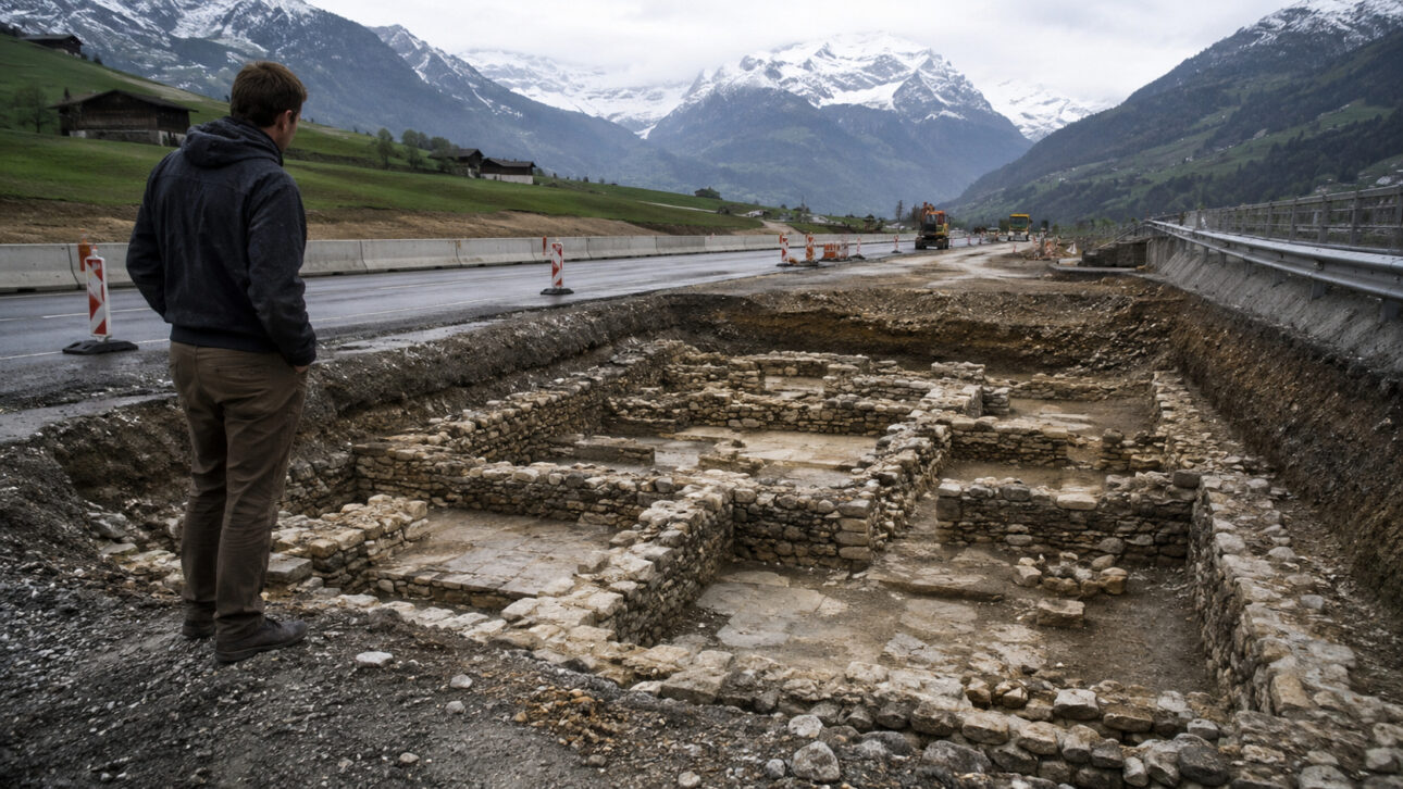 Um pedestre que passou por obras em uma rodovia na Suíça notou pedras dispostas de forma estranha no solo, e o que parecia entulho de construção era na verdade a fundação de um edifício romano soterrado a centímetros do asfalto