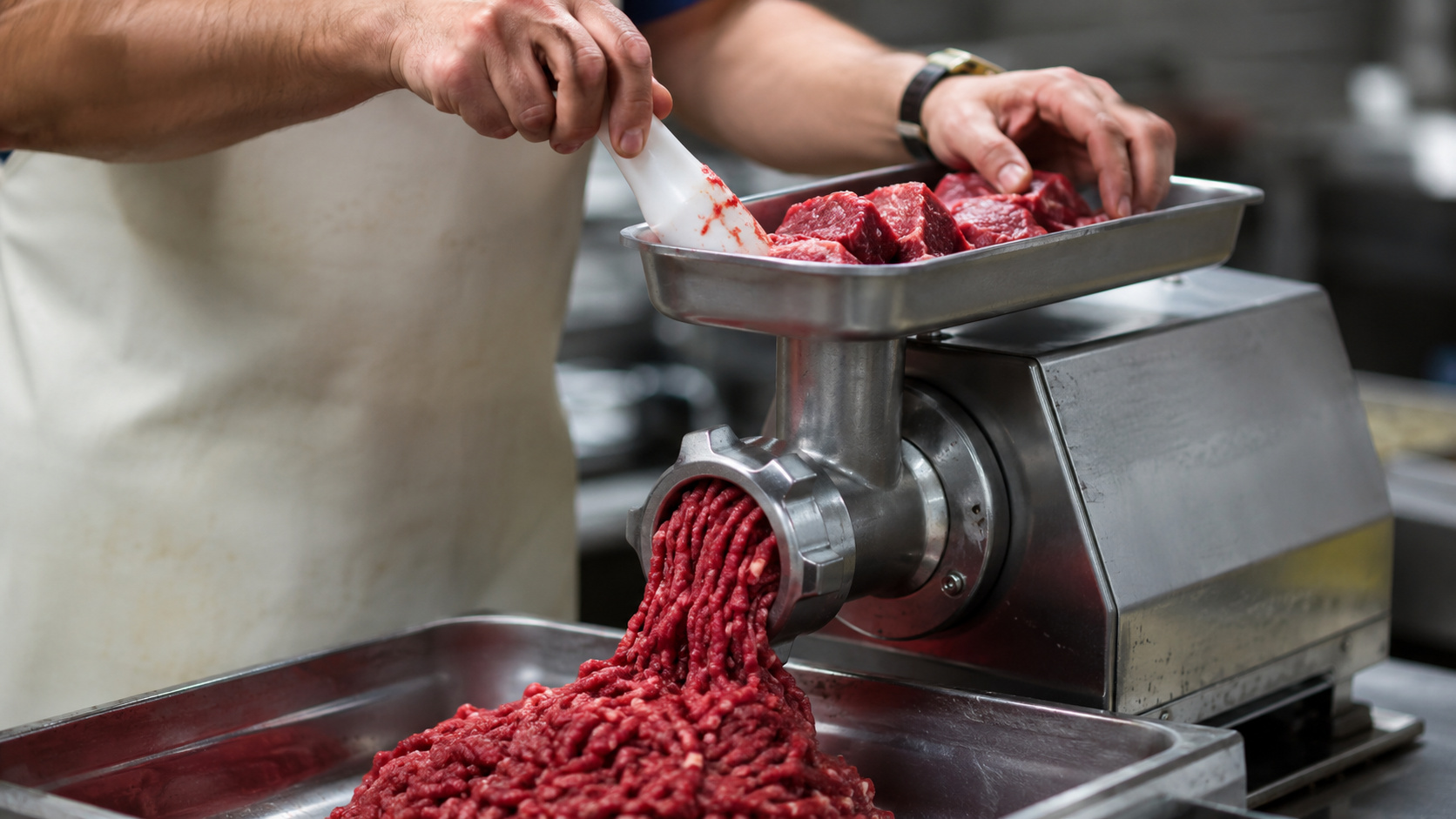 Carne sendo moída em equipamento industrial de açougue, ilustrando fiscalização sobre venda de carne moída em supermercado na Bahia.