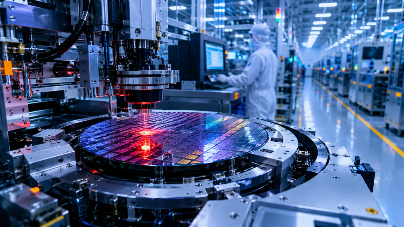 Wafer de silício em equipamento de inspeção dentro de fábrica de semicondutores, representando a produção de chips avançados para inteligência artificial.