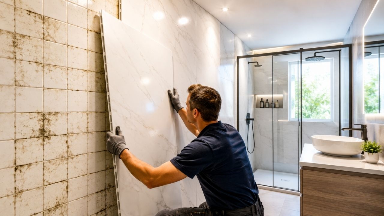 Sem azulejo, sem rejunte e sem quebra-quebra painéis laminados que clicam na parede prometem acelerar reformas de banheiro em até 5 vezes, cobrir superfícies antigas e ainda (2)
