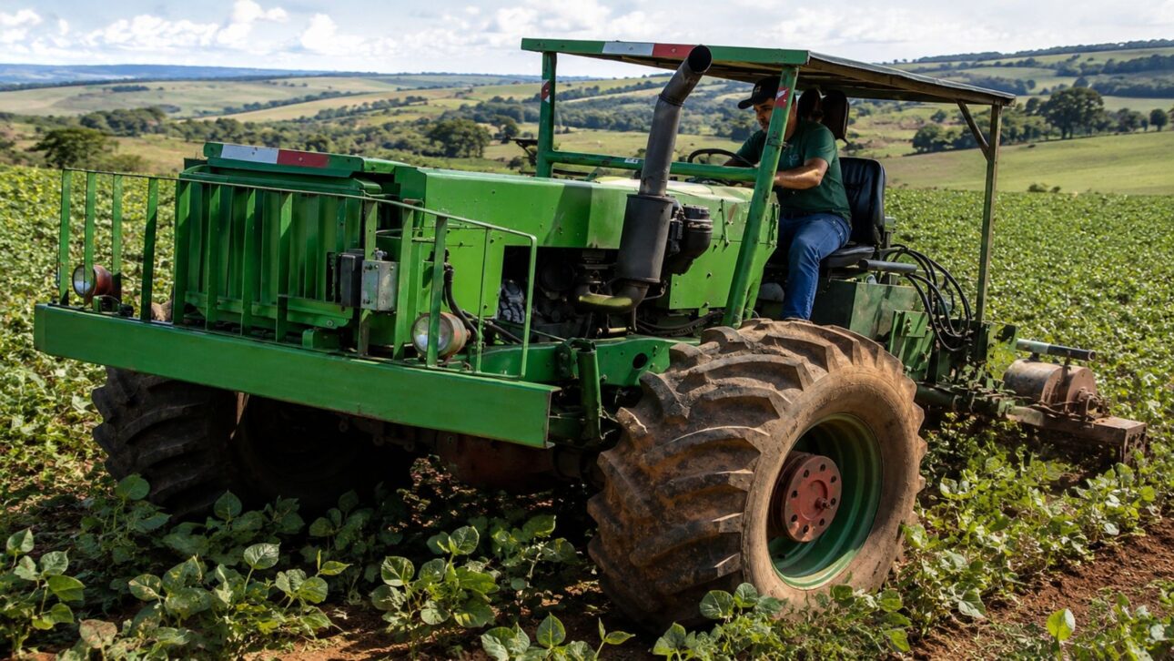Sem trator de fábrica, agricultor gaúcho montou trator caseiro de 8 toneladas com motor de caminhão do Exército, máquina agrícola que plantou soja.