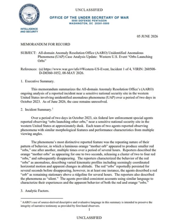Documento não classificado do Pentágono detalha o caso dos “orbes” vistos no oeste dos Estados Unidos, em outubro de 2023, e integra uma nova leva de registros sobre ovnis divulgada pelo governo Trump.