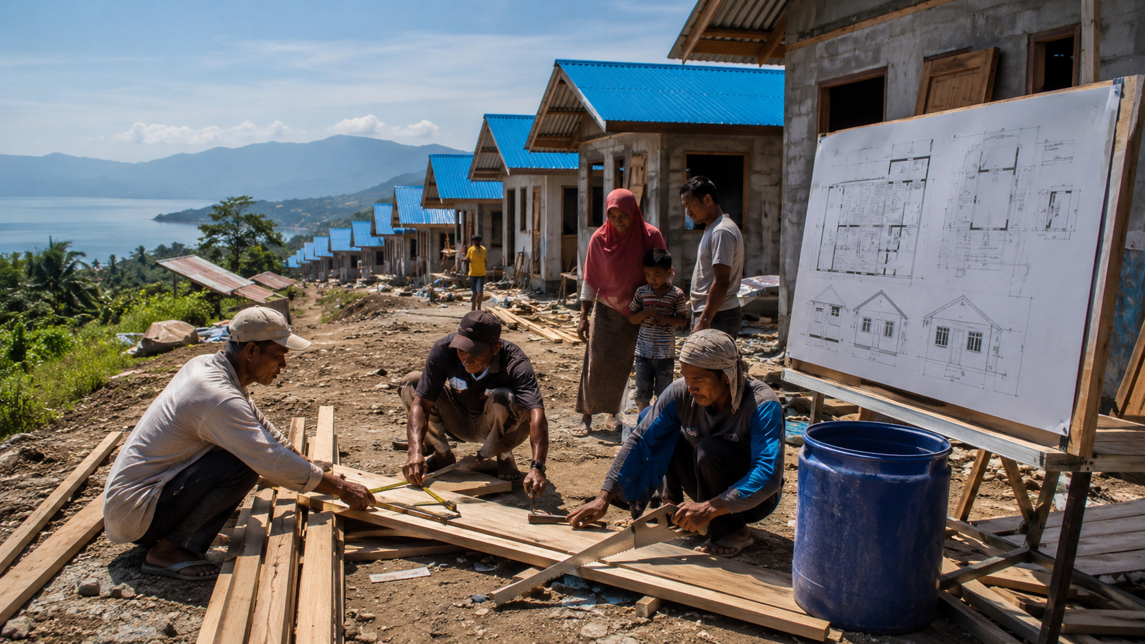 Sobreviventes ajudaram a escolher o terreno, desenharam o novo assentamento e construíram 38 casas resistentes para recomeçar