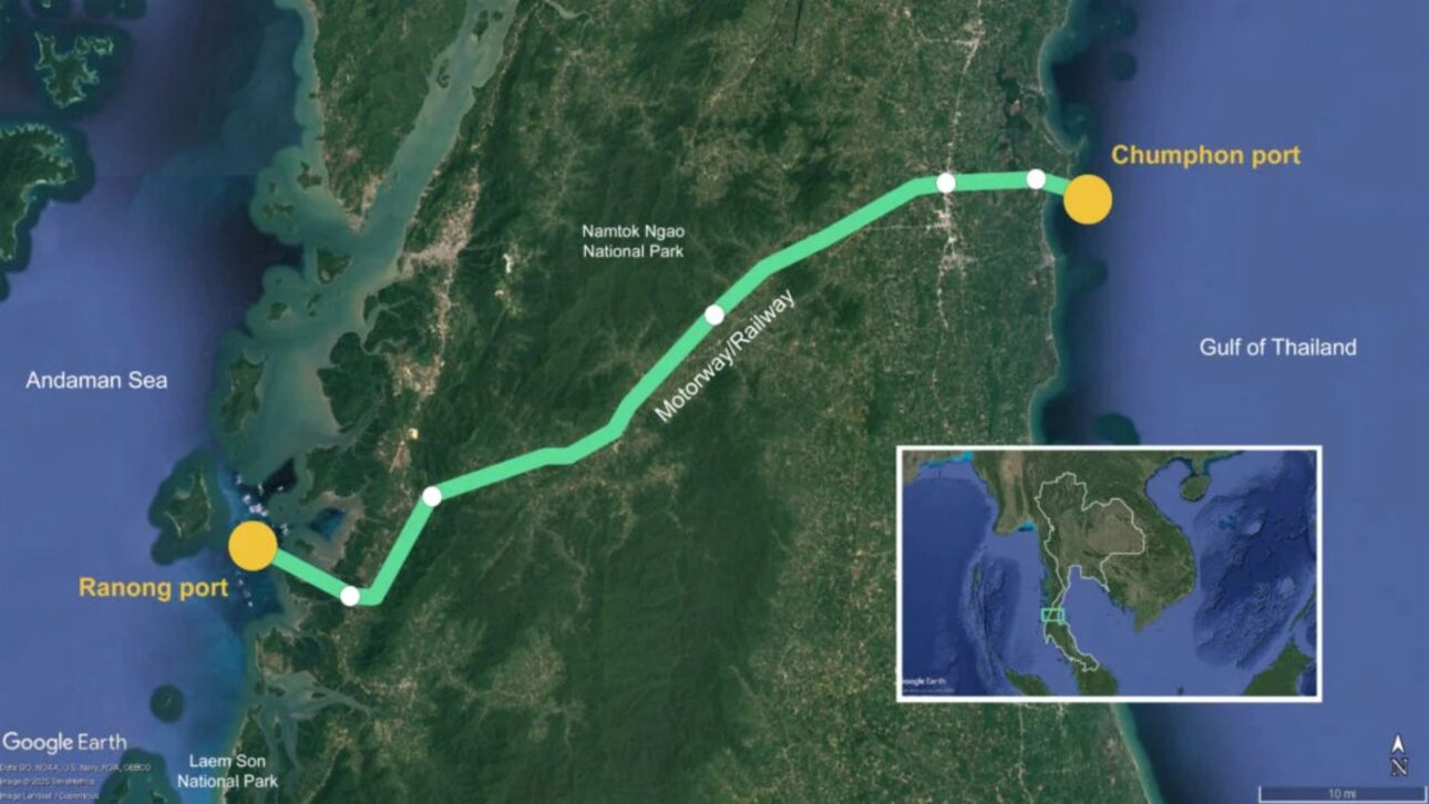 Southern Landbridge da Tailândia vai ligar dois portos por 89 km de ferrovia e rodovia, reduzir rotas em até 1.000 km e criar alternativa ao Estreito de Málaca.