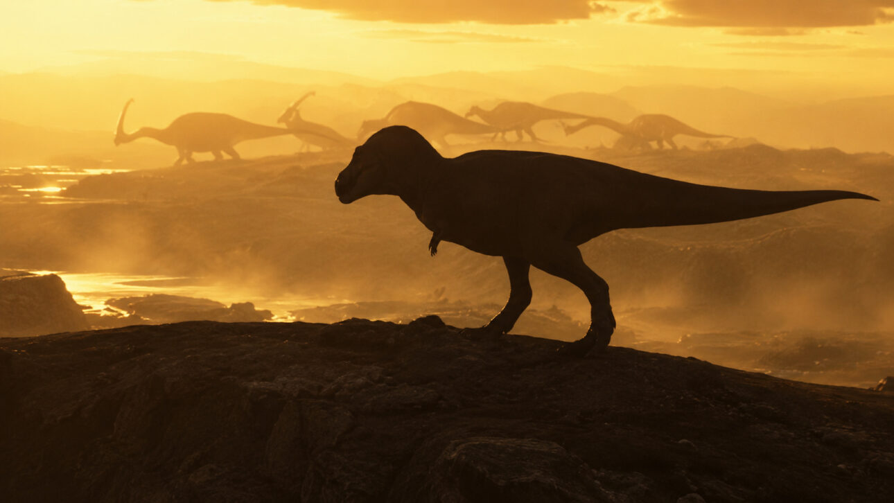 Silhueta de um grande dinossauro carnívoro em uma paisagem pré-histórica ao pôr do sol, com saurópodes ao fundo, ilustrando o estudo que relaciona braços curtos e mandíbulas poderosas na evolução dos predadores.