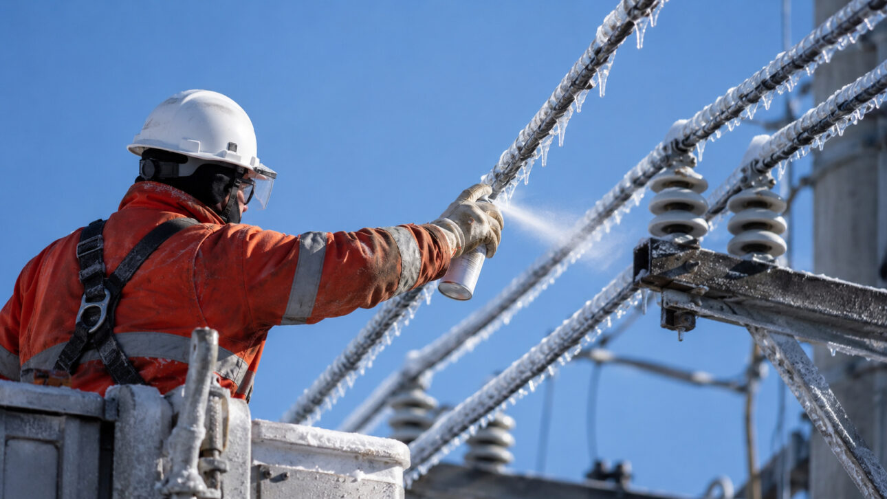 Transmission line in a harsh winter scenario, with frozen cables and electrical structure exposed to extreme cold.