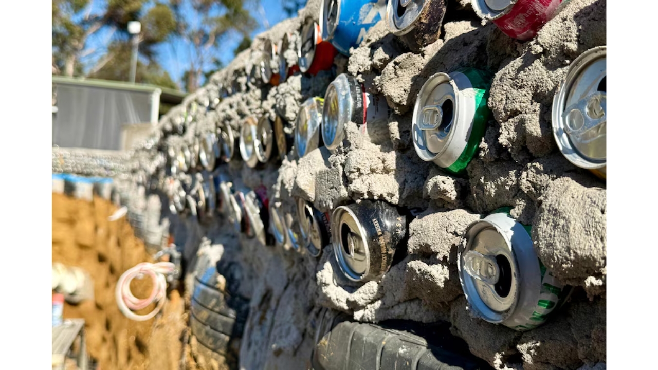 Parede da Earthship em Pomonal mostra latas, pneus e garrafas reaproveitados dentro da estrutura, que combina resíduos reciclados e terra compactada para formar uma construção mais sustentável e resistente ao fogo. O projeto usa mais de 350 pneus preenchidos com terra na reconstrução do lar destruído pelo incêndio de 2024. Crédito: ABC News, Eden Hynninen.