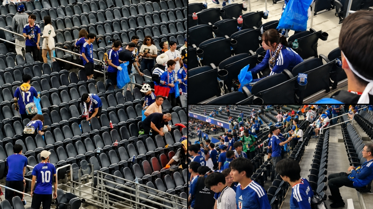 Torcedores japoneses transformam estádio da NFL em exemplo mundial de educação na Copa do Mundo 2026; após empate dramático contra a Holanda, sacolas azuis usadas na comemoração