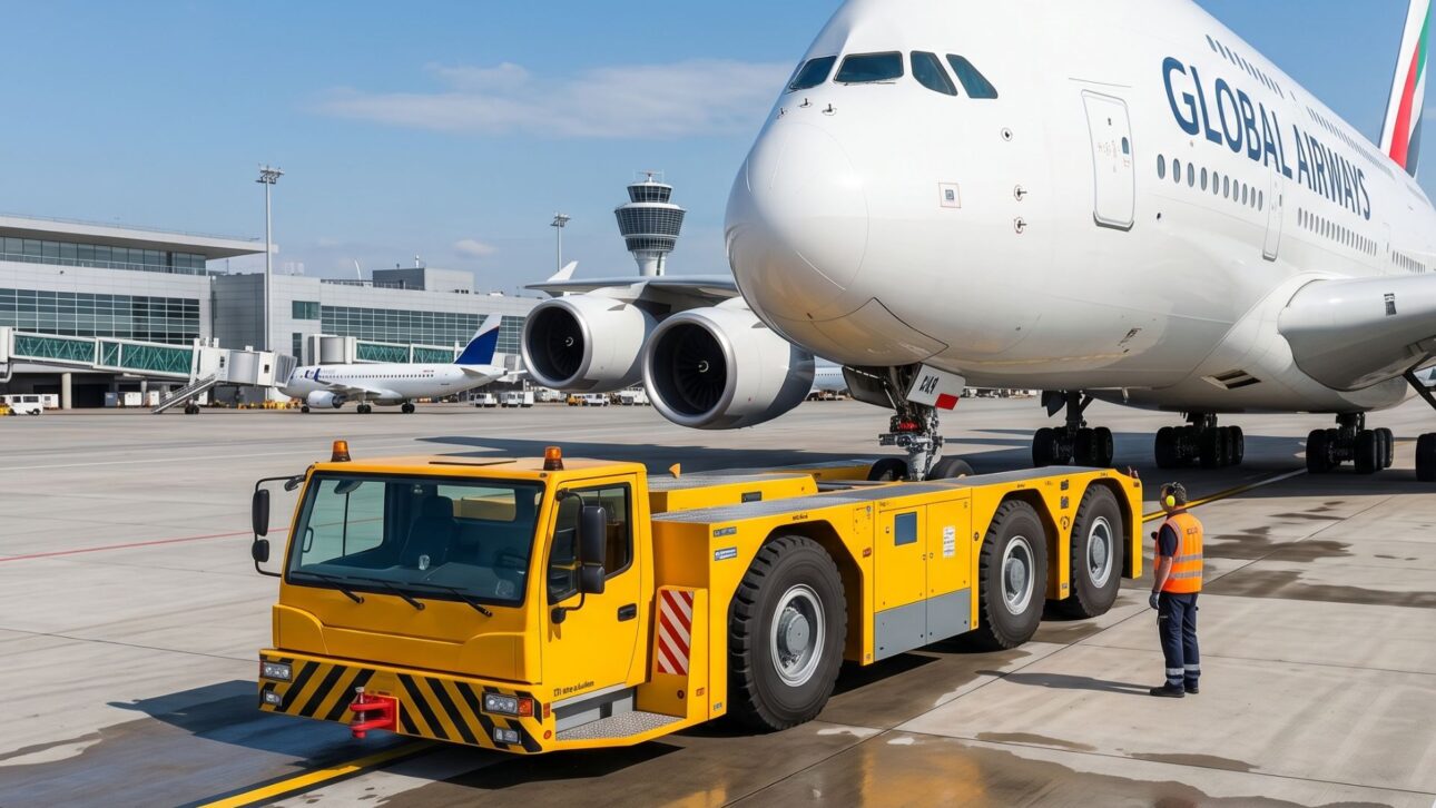 Tratores de pushback de até 70 toneladas conseguem movimentar aeronaves gigantes como o Airbus A380 com segurança, força extrema e precisão nos aeroportos.