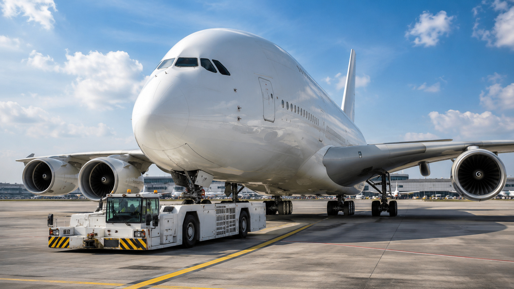 Tratores de pushback de até 70 toneladas conseguem movimentar aeronaves gigantes como o Airbus A380 com segurança, força extrema e precisão nos aeroportos.