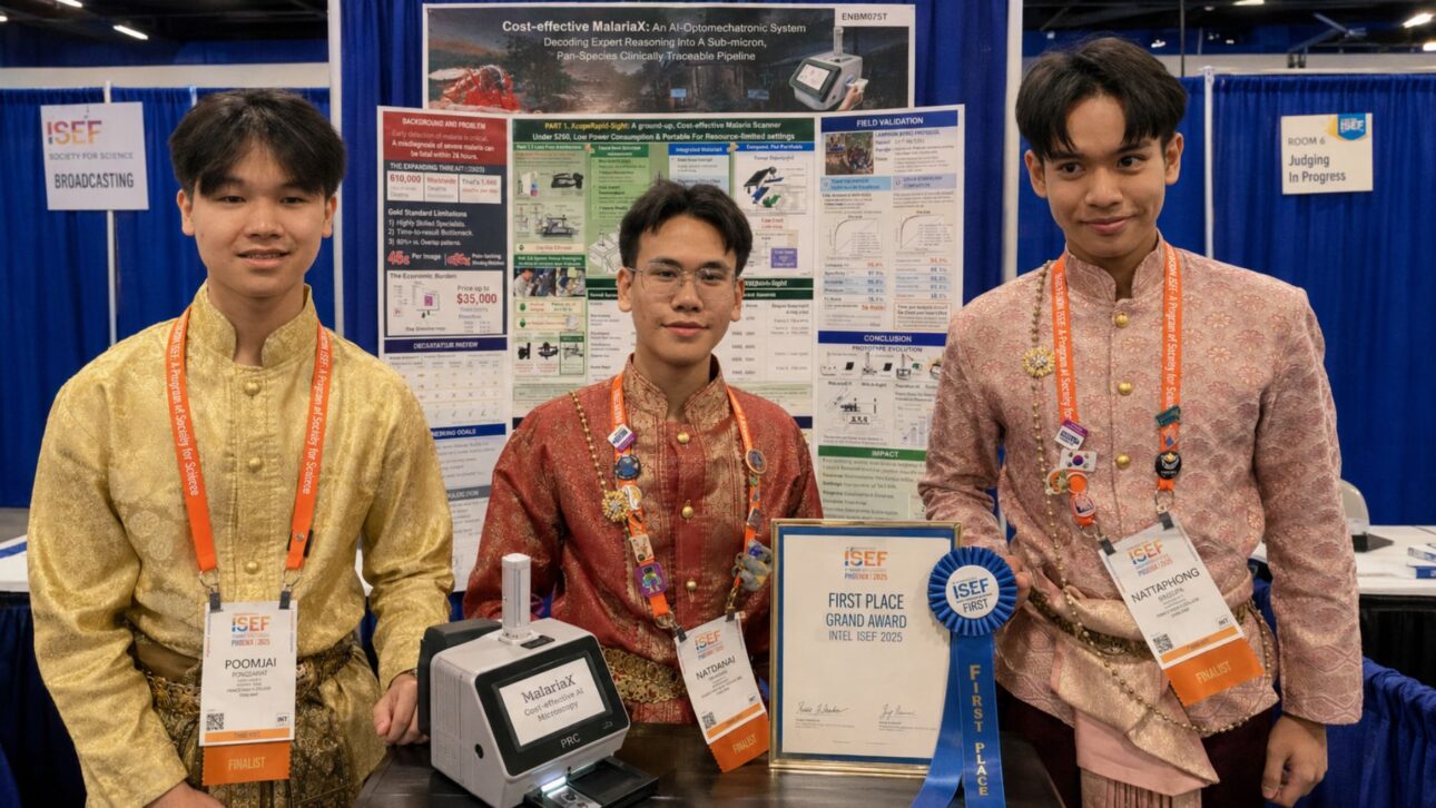 MalariaX: microscópio de 3 adolescentes da Tailândia faz diagnóstico de malária com IA das 5 espécies para aldeias e vence categoria na ISEF 2026.