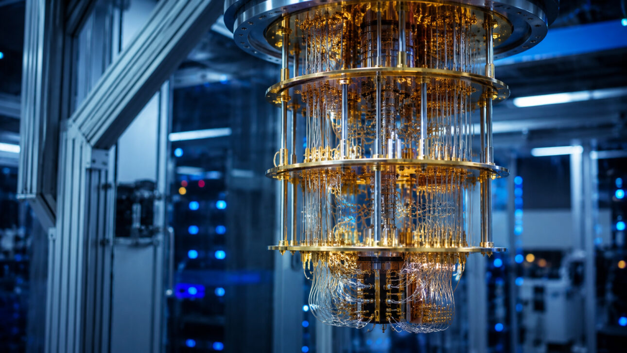 Estrutura interna de computador quântico em laboratório de alta tecnologia, com componentes metálicos e cabos conectados.