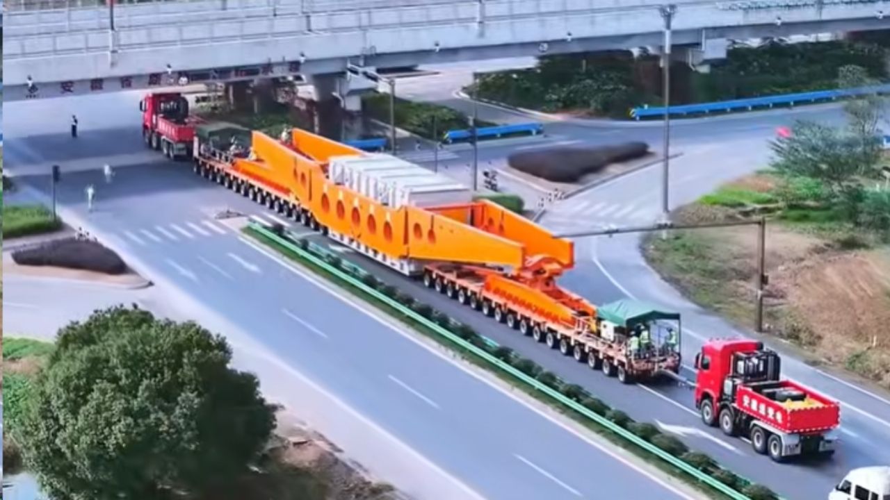 Comboio gigante na China mostra transporte pesado de peça de gerador, ponte reforçada e operação milimétrica.