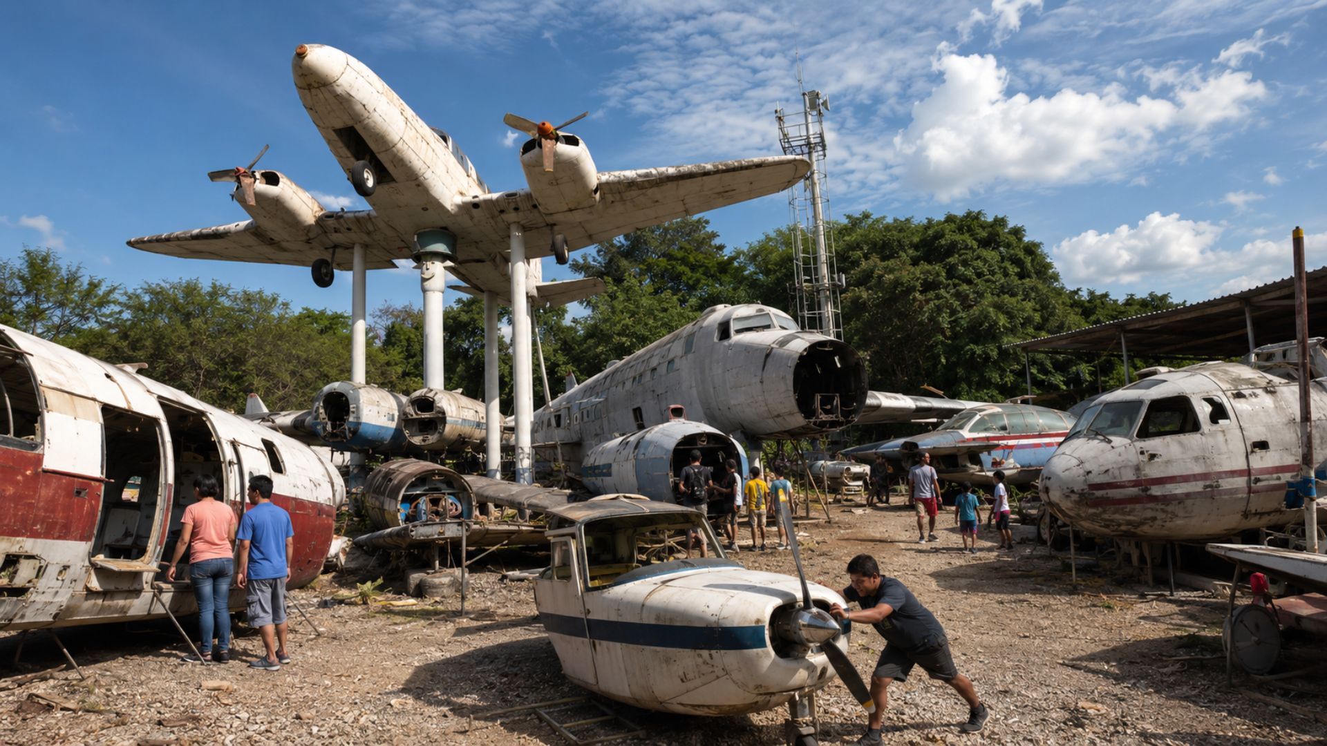 Um ferro-velho em Campinas virou museu de aviões a céu aberto, feito de fuselagens e com negócio até com a Embraer, onde dá para comprar um avião inteiro.