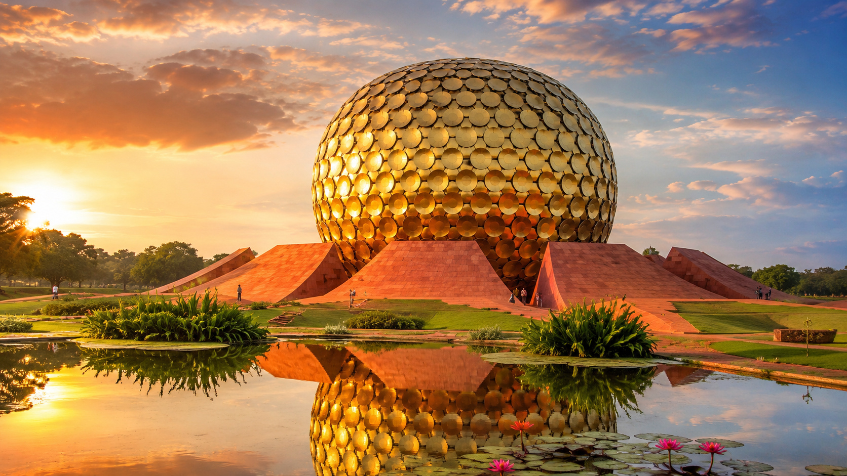 Uma bola dourada gigante no meio de jardins na Índia foi montada com 1.415 discos