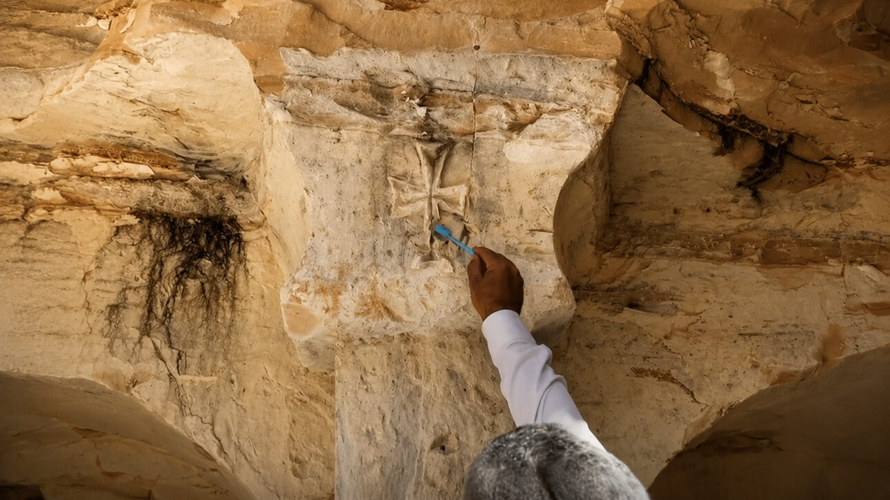 Uma marca de cruz foi encontrada no topo de uma coluna de pedra dentro do complexo subterrâneo.
