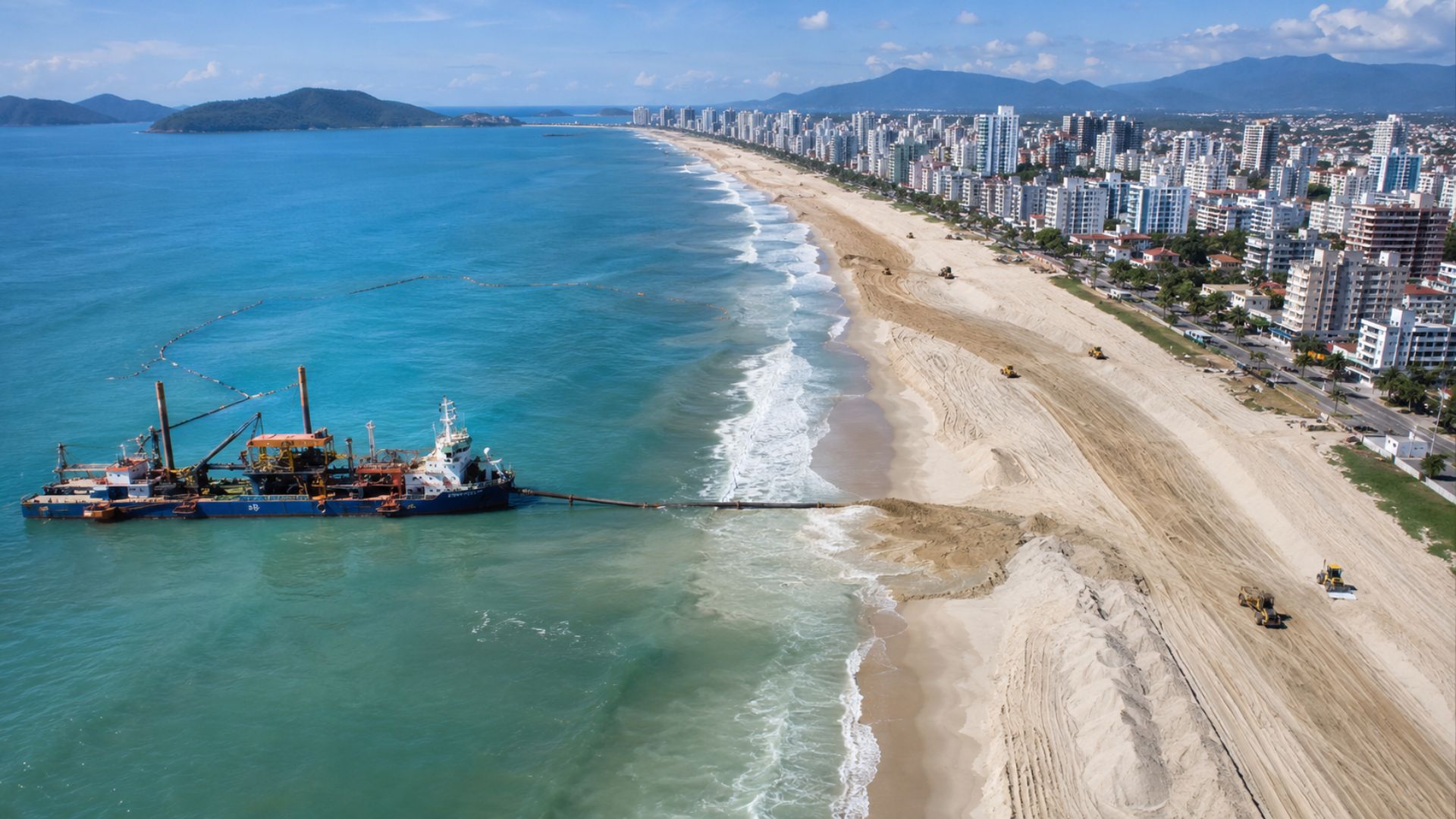 Obra de R$ 31,5 milhões começou a alargar a faixa de areia da Praia do Gravatá, em Navegantes (SC), que vai ganhar 70 metros ao longo de 2,3 km com bombeamento.