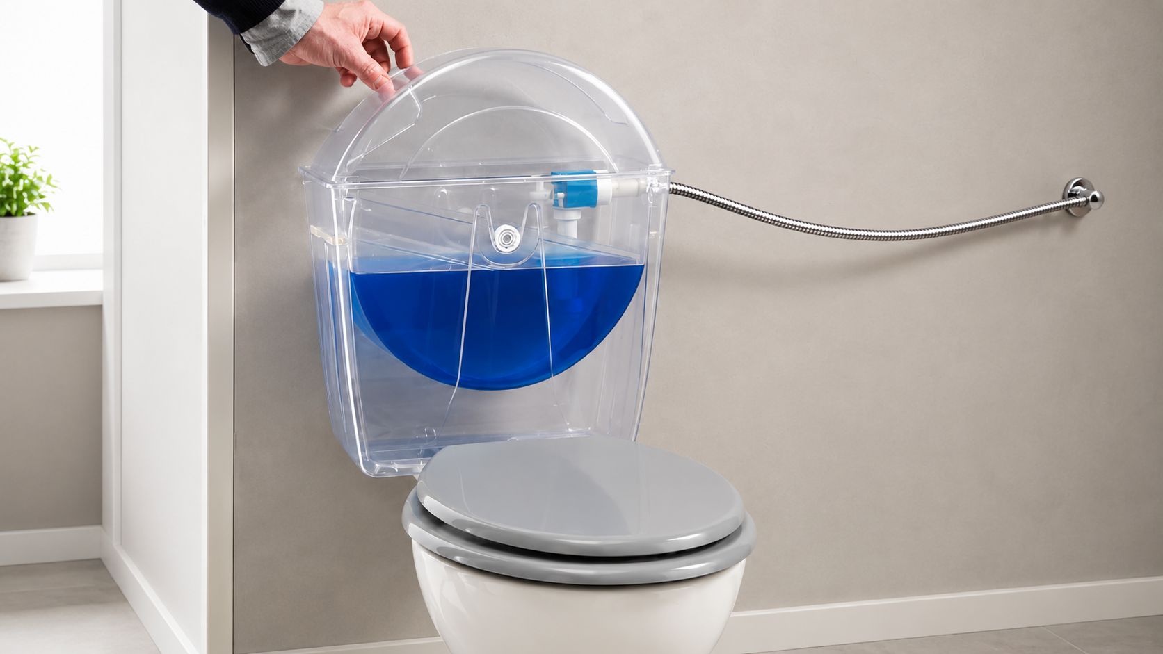 Sistema de descarga WaterFlush economiza até 50% de água com caixa basculante simples e ajuste entre 1 e 6 litros.