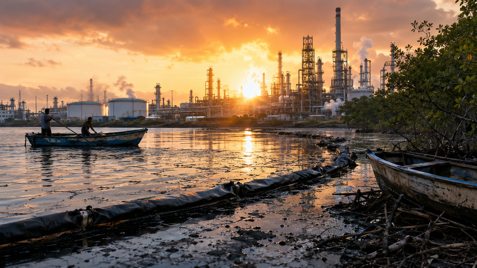 Vazamento oleoso ligado à refinaria Olmeca, em Tabasco, expôs risco ambiental perto da lagoa Mecoacán